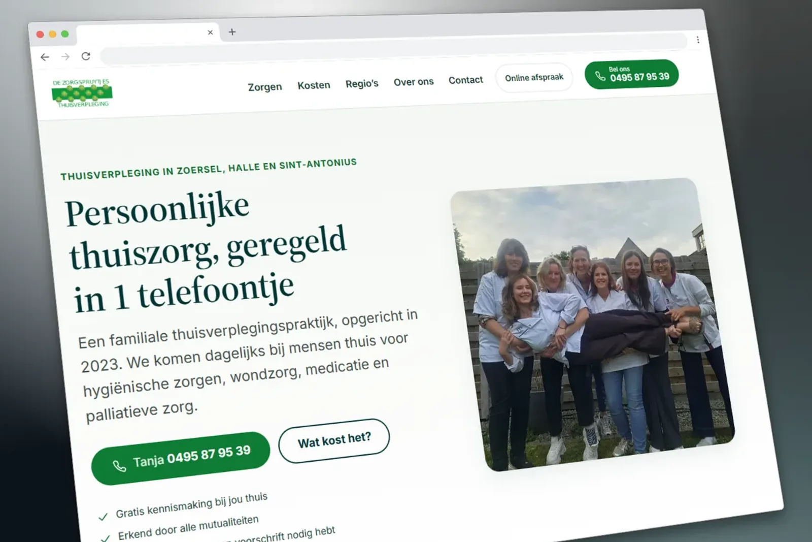 Website voor De Zorgspruytjes thuisverpleging, getoond op laptop